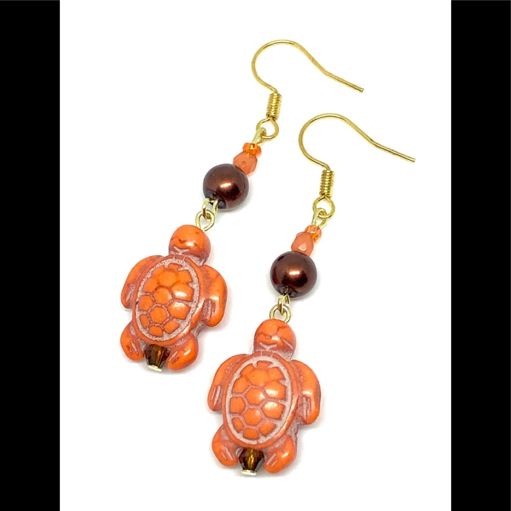 Orange Howlite Stone Turtle with Brown Freshwater Pearl and Glass Beads Earrings